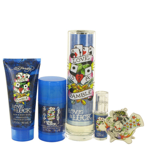 M-Gift-love-&-luck-by-christian-audigier Gift Set -- 3.4 oz EDT Spray + 3 oz Hair & Body Wash + 2.75 oz Deodorant Stick + .25 oz Mini EDT Spray + Tatoo Design Key Chain